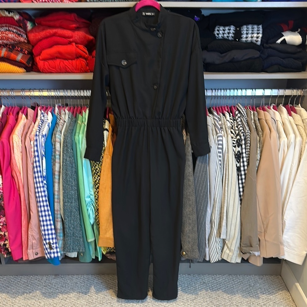 SHEIN black long sleeve front button closure elastic waistband jumpsuit size XS
